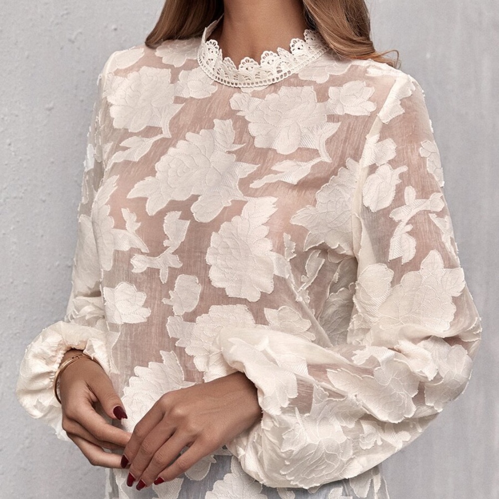 Bohemian Blue Floral Sheer Top Work Frill Neck Embroidered - Picture 5 of 8